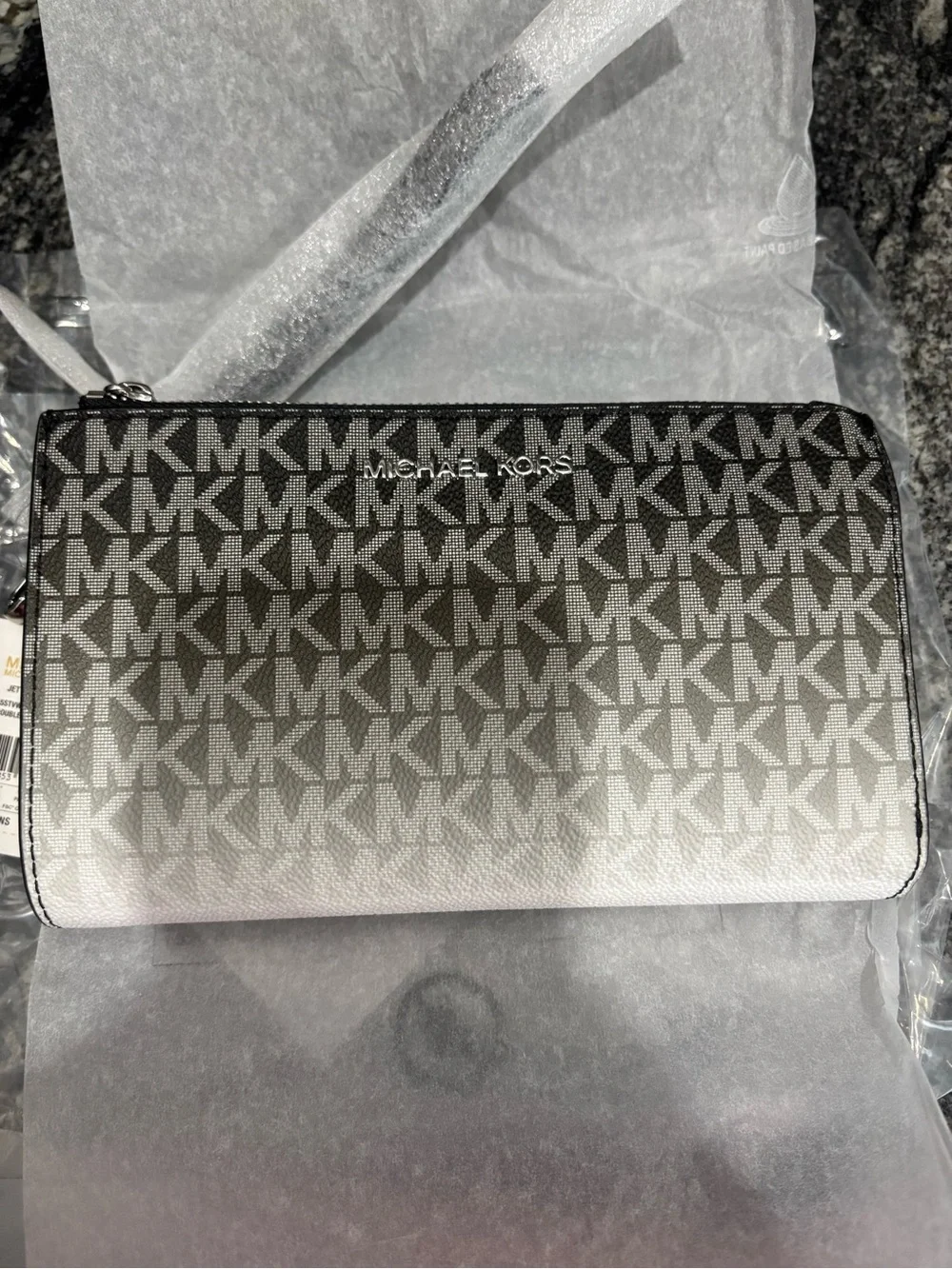 Michael Kors Black and Gray MK Signature Satchel and Jet Set matching wallet